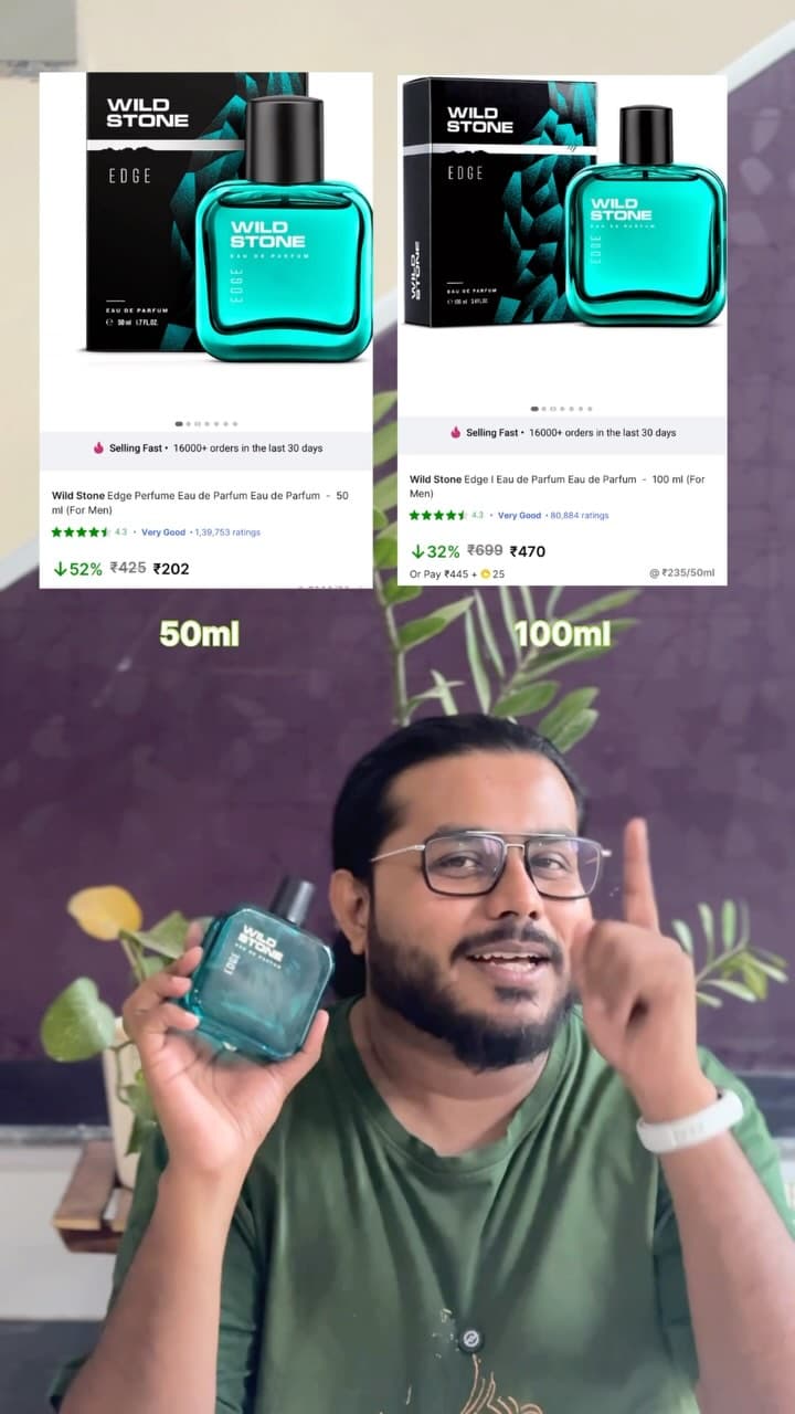 Akio holding a teal bottle of Wild Stone Edge, with online listings for the 50 ml and 100 ml bottles above