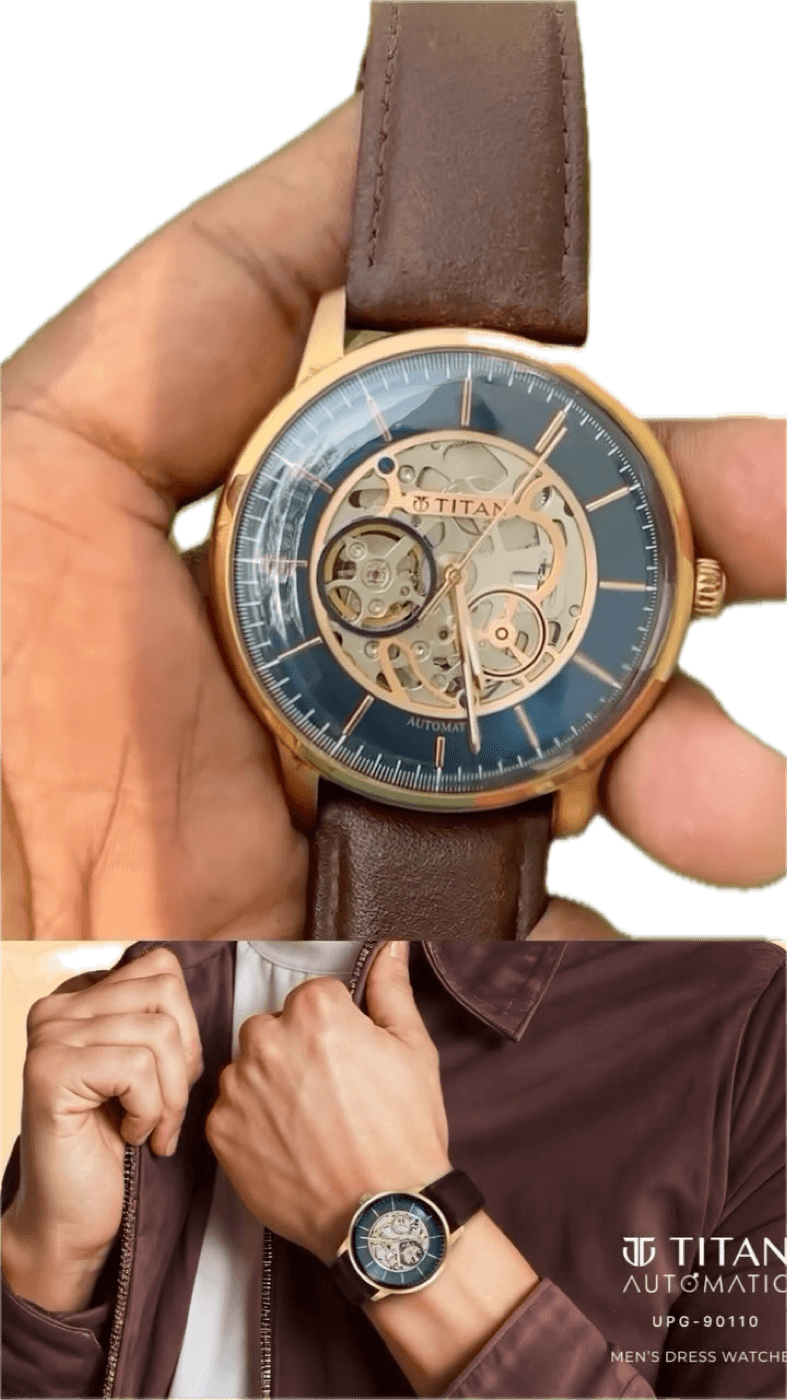 Close-up of a Titan Automatic skeleton watch with a blue dial, rose-gold case and brown leather strap, shown open-dialled to reveal the movement