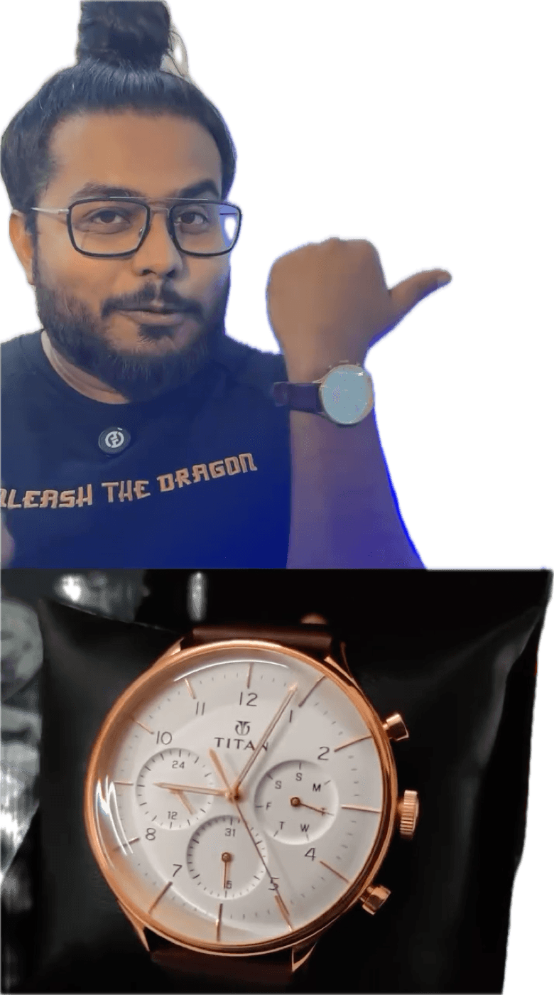 Titan Classique watch with a cream dial, gold-tone case and brown leather strap on Akio's wrist