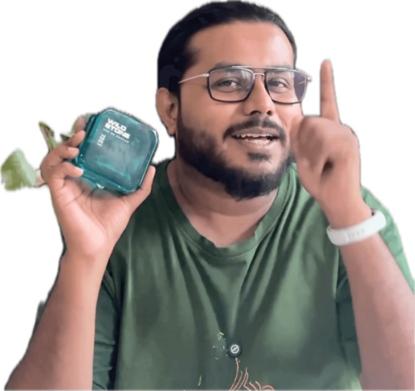 Akio holding a teal bottle of Wild Stone Edge, with online listings for the 50 ml and 100 ml bottles above
